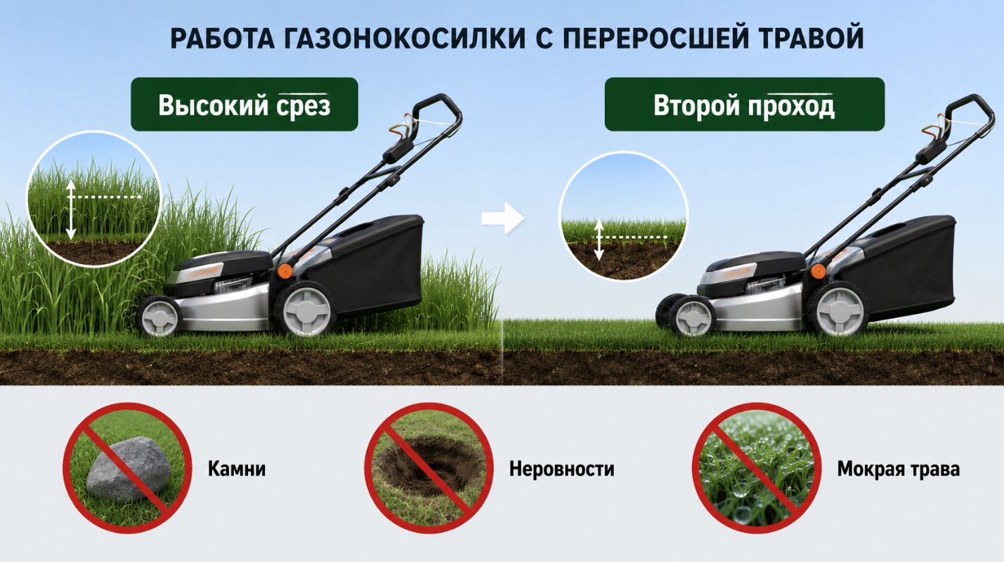 Газонокосилка для высокой травы и покос в два прохода