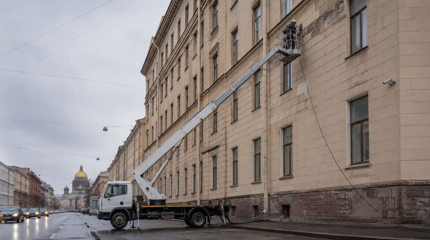 Автовышка с оператором у фасада многоэтажного здания в Санкт-Петербурге